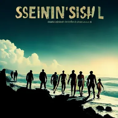 Shadow of the Shore - A suspenseful slasher film poster where dark silhouettes of masked men loom on the coastline, casting long shadows towards a group of spring breakers in swimwear, oblivious to the lurking danger.