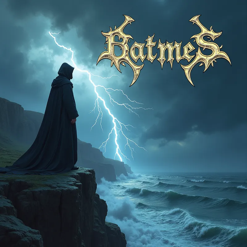 Shadow's Embrace - A lone, cloaked figure standing on a cliff's edge, facing a stormy sea beneath a thunderous sky. Lightning illuminates the band name in an ancient font. Subtitle: Gothic Metal. - AI image generated with Photorealistic 2 - fantasy art