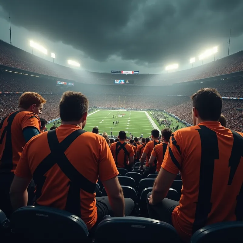 Shadows of Loss - A dramatic scene of Cincinnati Bengals fans in the stands, their faces showing sorrow and disappointment as shadows loom over a defeated team on the field. - AI image generated with Photorealistic 2