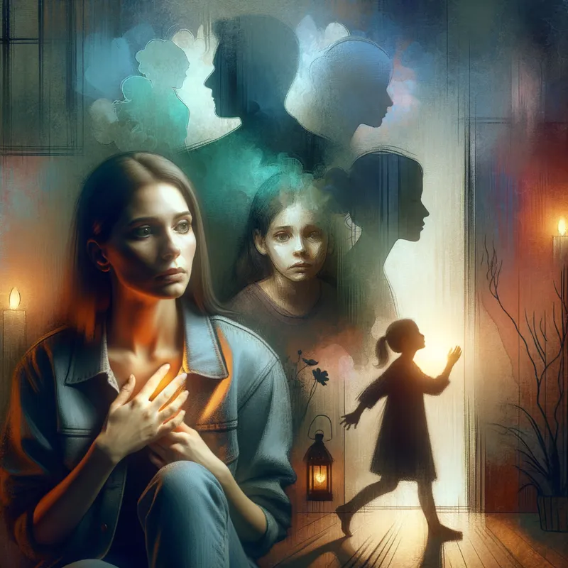 Shadows to Self-Healing - A young woman in her mid-20s sits alone in a dimly lit room, her eyes filled with a mix of sadness and deep contemplation. Shadows of her past loom behind her, forming abstract silhouettes of a strict, cold parental figure and echoes of childhood struggles. The atmosphere is melancholic, with soft, moody lighting casting a glow on her face.
In the background, faded memories appear—scenes of a lonely child hugging her knees in a dark corner, reaching out for affection but met with indifference. The environment transitions subtly, showing her adulthood affected by these experiences—hesitant in relationships, fearful of failure, and burdened by self-doubt.
As the scene evolves, a gentle light begins to shine, symbolizing inner healing. The woman, now standing in front of a mirror, places her hand over her heart, taking a deep breath. The final frame shows her stepping forward into a brighter, open space, embracing self-acceptance and growth. The color palette transitions from cool, muted tones to warmer hues, reflecting her emotional journey from trauma to healing.
- AI image generated with Art