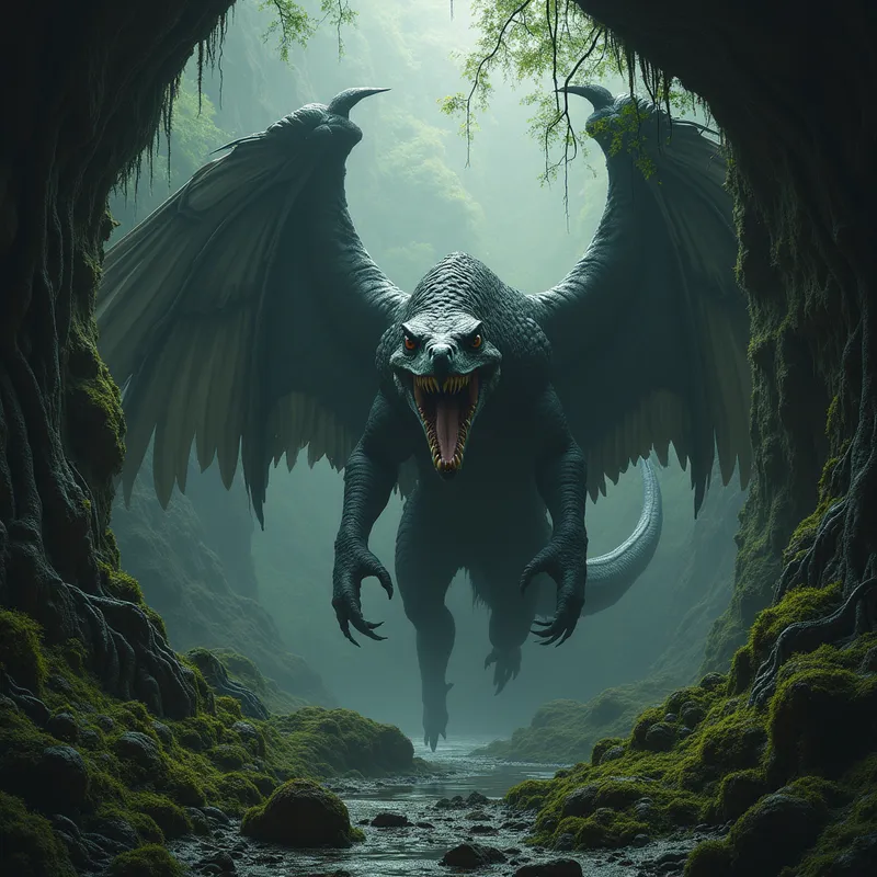Shadowwing Marsh Serpent - A terrifying fantasy beast emerging from the shadows of a dark, forgotten forest nestled among mountainous caves, combining the flared hood, fangs, and sinuous neck of a cobra, the regal wings and fierce eyes of an eagle, and the rugged reptilian body and teeth of a crocodile. Surrounded by wet moss, twisted roots, and rocky cavern walls, the atmosphere is eerie, ancient, and foreboding. - AI image generated with Photorealistic 2