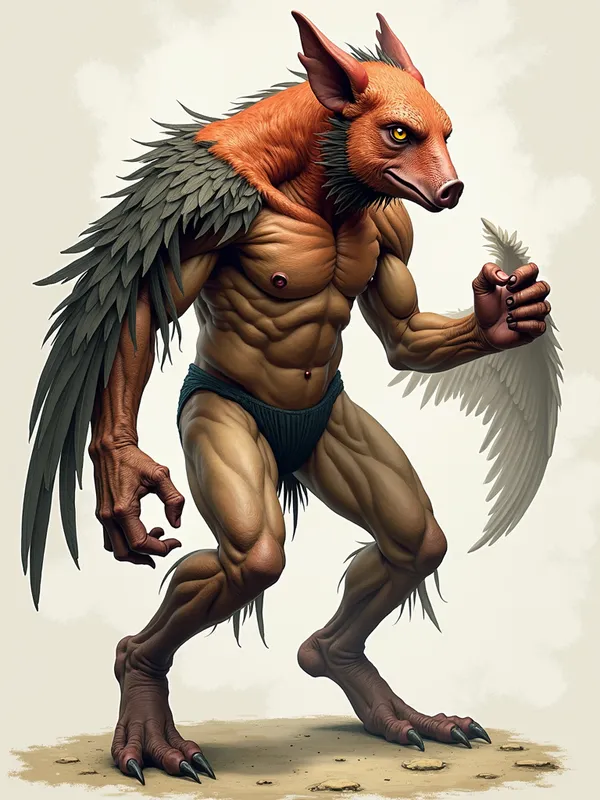 Shape-shifting Aswang - A dynamic scene showing an Aswang mid-transformation. Its body is partially human, with one arm transforming into a bird's wing and the other into a pig's hoof. Different skin textures and colors blend seamlessly together, highlighting its shape-shifting nature. - AI image generated with Photorealistic 2