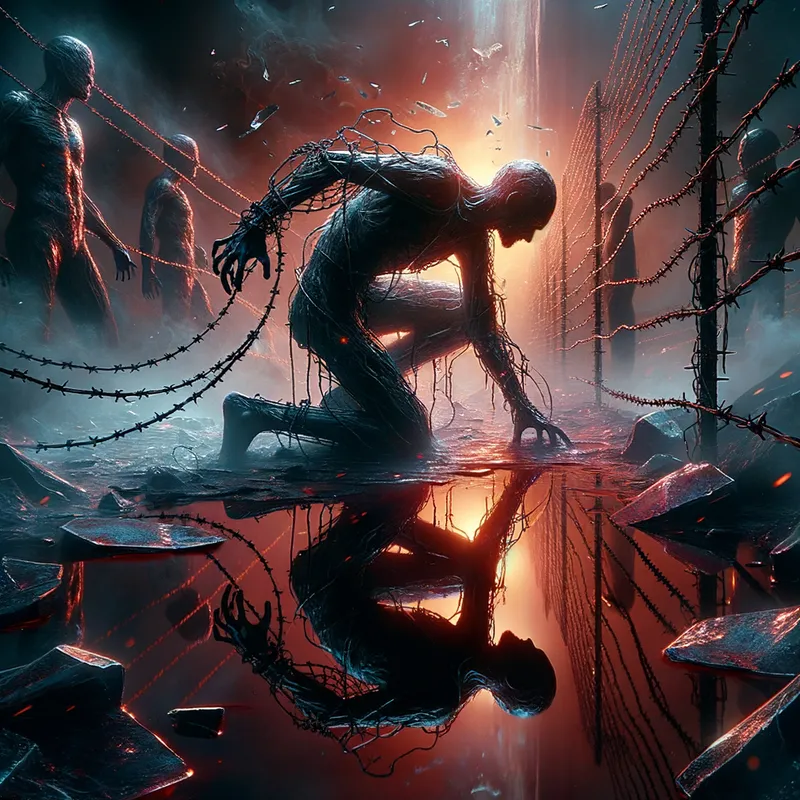 Shattered Redemption - a dark and metaphoric piece that represents a human being destroying themselves over their own selfishness, a deep message of transparency, barbed wire and steel chains break through shards of glass, pools of dark red are on the floor, on their reflection below is a successful image, 1080p, high definition, brilliant coloration - AI image generated with Art