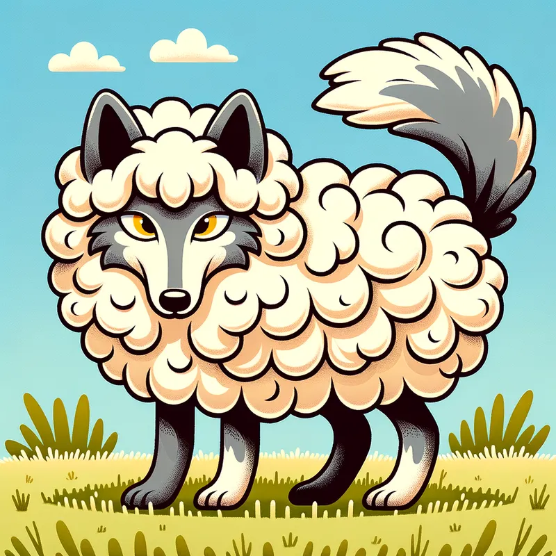 Sheepish Snarl - A whimsical cartoon image of a wolf, its fur styled and shaped to resemble a fluffy sheep, creating a visual contrast between the cute exterior and the predatory essence beneath. - AI image generated with Art