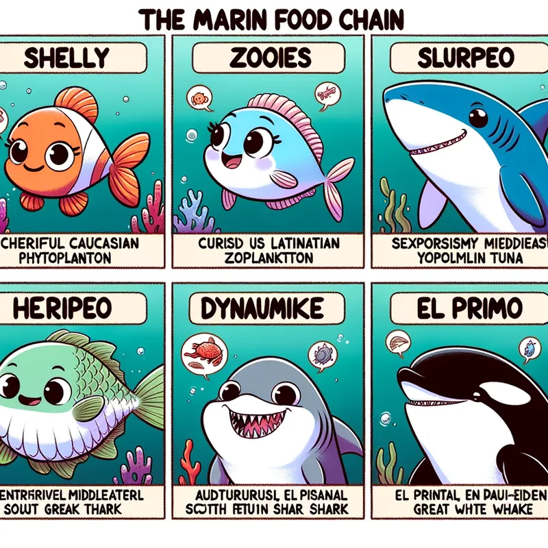 Shelly's Seafood Saga - Create a comic strip of the food chain. The producer is shelly a phytoplankton. Then, its zooies which is zooplankton. Then, its herrico which is a herring. Then, its slurpee which is a yellowfin tuna. After that, it is a blue shark named Cordilio. Then a great white shark named Dynamike Shark. Finally, it is a killer whale named El Primo. This is the food chain from the bottom to the top. Create the comic strip incorporating the chosen animal characters. Ensure the functions of each level of the food chain are clearly illustrated. Include dialogues or captions that showcase the interactions and dependencies in the food chain.  - AI image generated with Art