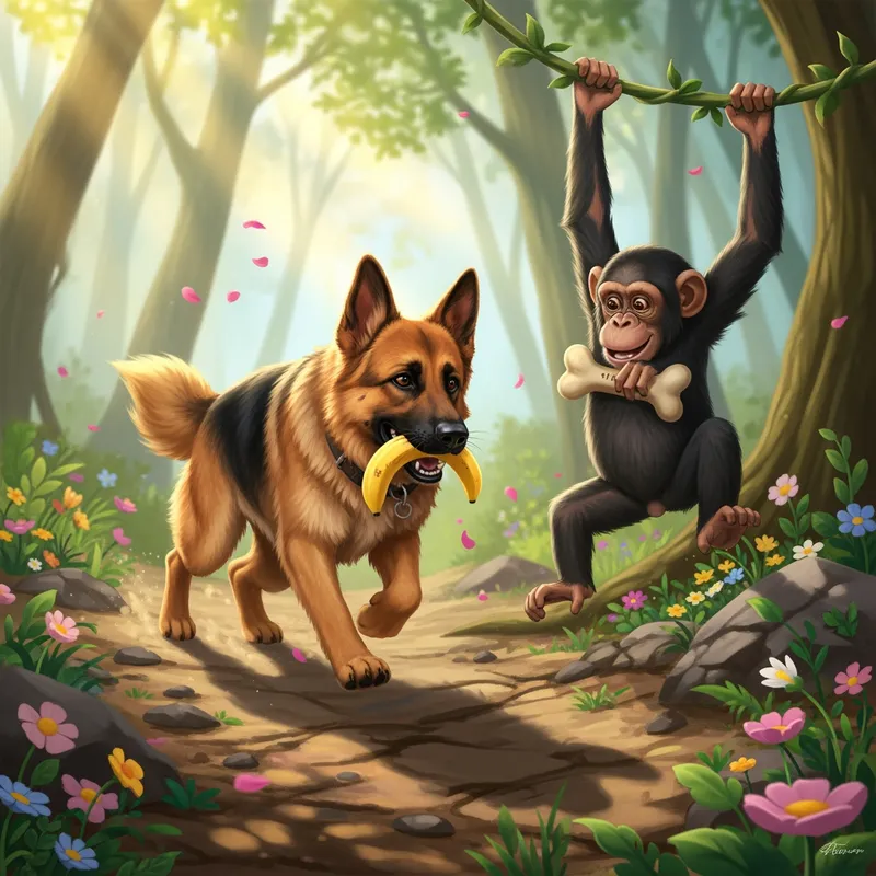 Shepherd & Chimp Swap Banana & Bone - Envision a photorealistic scene. The warm golden light filters through the leaves, casting playful shadows on the rough forest terrain. In the center of this idyllic setting, a German Shepherd runs with glee, fur gleaming with the sunlight, its intelligent eyes focused on a curious chimpanzee beside swinging from a vine The chimp, wearing a light, whimsical expression, leans slightly forward, their camaraderie evident. Surrounding them are vibrant flowers in bloom, adding bursts of color to the scene, while a gentle breeze carries. the monkey should be holding a dog bone and the dog should be holding a banana - AI image generated with Imagen 4 Ultra
