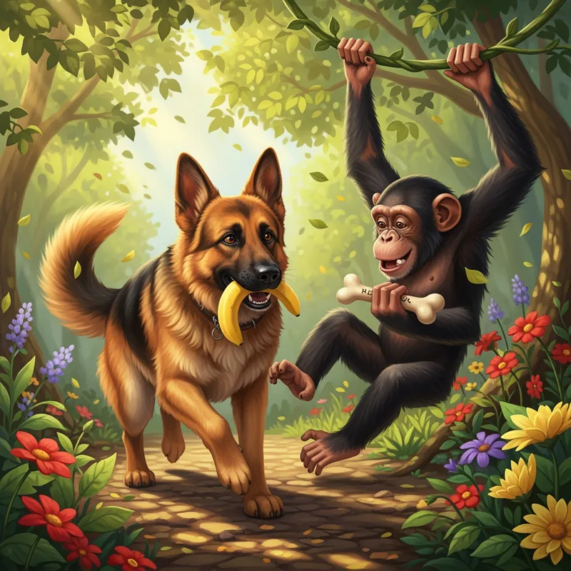 Shepherd & Chimp Swap Banana & Bone - Envision a photorealistic scene.  The warm golden light filters through the leaves, casting playful shadows on the rough forest terrain. In the center of this idyllic setting, a German Shepherd runs with glee, fur gleaming with the sunlight, its intelligent eyes focused on a curious chimpanzee beside swinging from a vine The chimp, wearing a light, whimsical expression, leans slightly forward,  their camaraderie evident. Surrounding them are vibrant flowers in bloom, adding bursts of color to the scene, while a gentle breeze carries.  the monkey should be holding a dog bone and the dog should be holding a banana - AI image generated with Imagen 4 Ultra