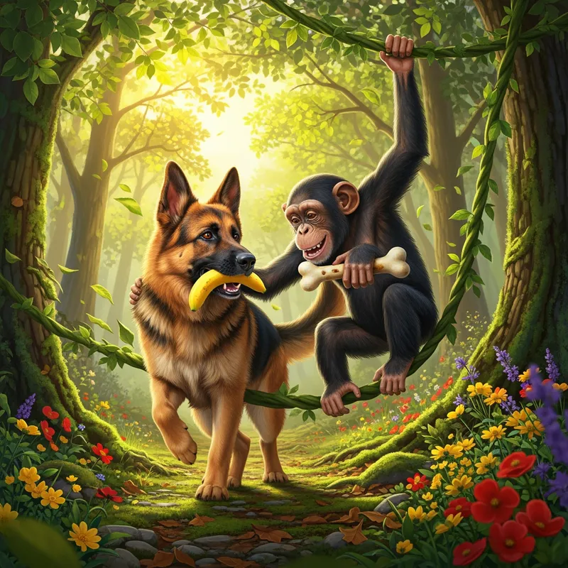 Shepherd & Chimp Swap Banana & Bone - Envision a photorealistic scene. The warm golden light filters through the leaves, casting playful shadows on the rough forest terrain. In the center of this idyllic setting, a German Shepherd runs with glee, fur gleaming with the sunlight, its intelligent eyes focused on a curious chimpanzee beside swinging from a vine The chimp, wearing a light, whimsical expression, leans slightly forward, their camaraderie evident. Surrounding them are vibrant flowers in bloom, adding bursts of color to the scene, while a gentle breeze carries. the monkey should be holding a dog bone and the dog should be holding a banana - AI image generated with Imagen 4 Ultra