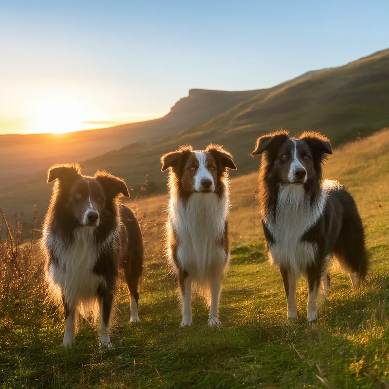 Shepherd Trio Sunset - A picturesque scene of three shepherd dogs standing together on a grassy hill as the sun sets behind them, casting a warm orange glow.