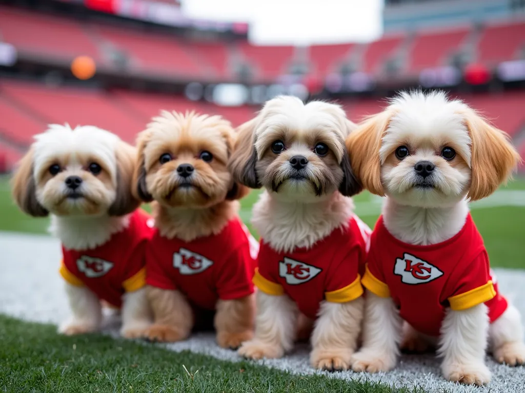 Shih Tzu Team Sidelines - Multiple Shih Tzus wearing Kansas City Chiefs jerseys, sitting and standing on the sidelines, with a football field in the background. - AI image generated with Photorealistic 2