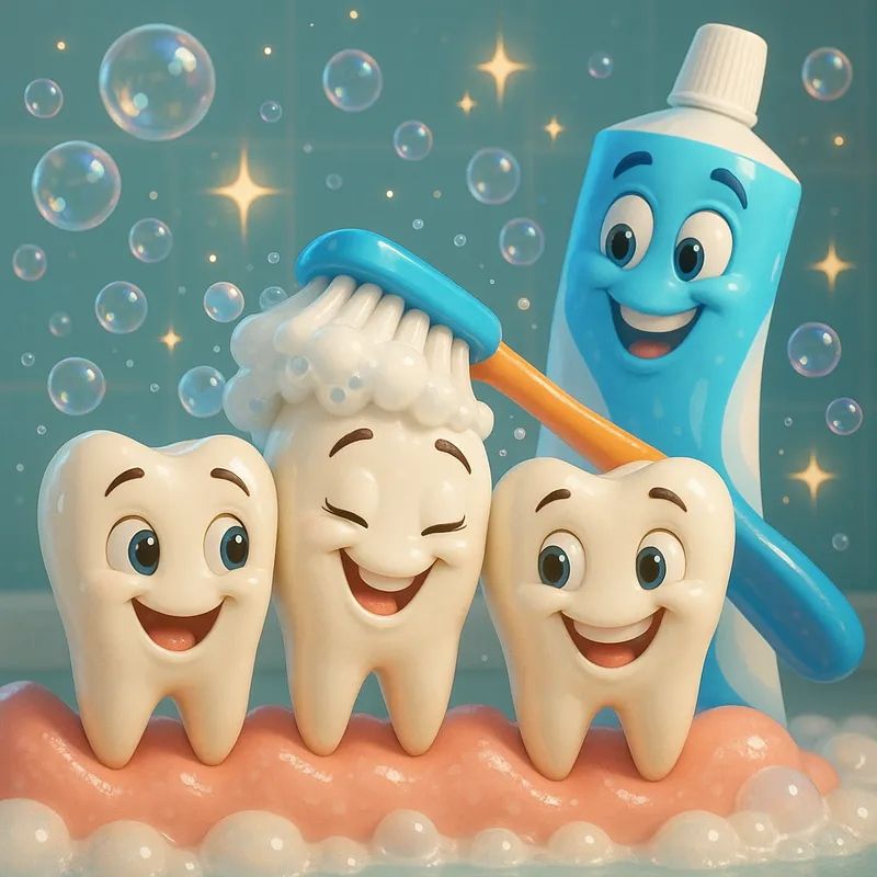 Shiny Smile Cleanup - 3d disney animation style of charming cartoon teeth with delightful faces getting scrubbed by a friendly toothbrush, with a supportive toothpaste in the background, amidst a flurry of bubbles and dazzling sparkles. - AI image generated with GPT Image