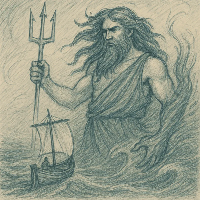 Ship vs Poseidon in Dark Sea Sketch - I want the background to be the dark green-blue sea, carefully drifting across. There is a ship pointing away from the audience facing a giant creature, Poseidon.  Poseidon has long, silky dark blue hair that flows in the wind, his left arms is made out of water as he wears a blue chiton. I want the picture to be in the style of a hand drawn sketch. - AI image generated with GPT Image