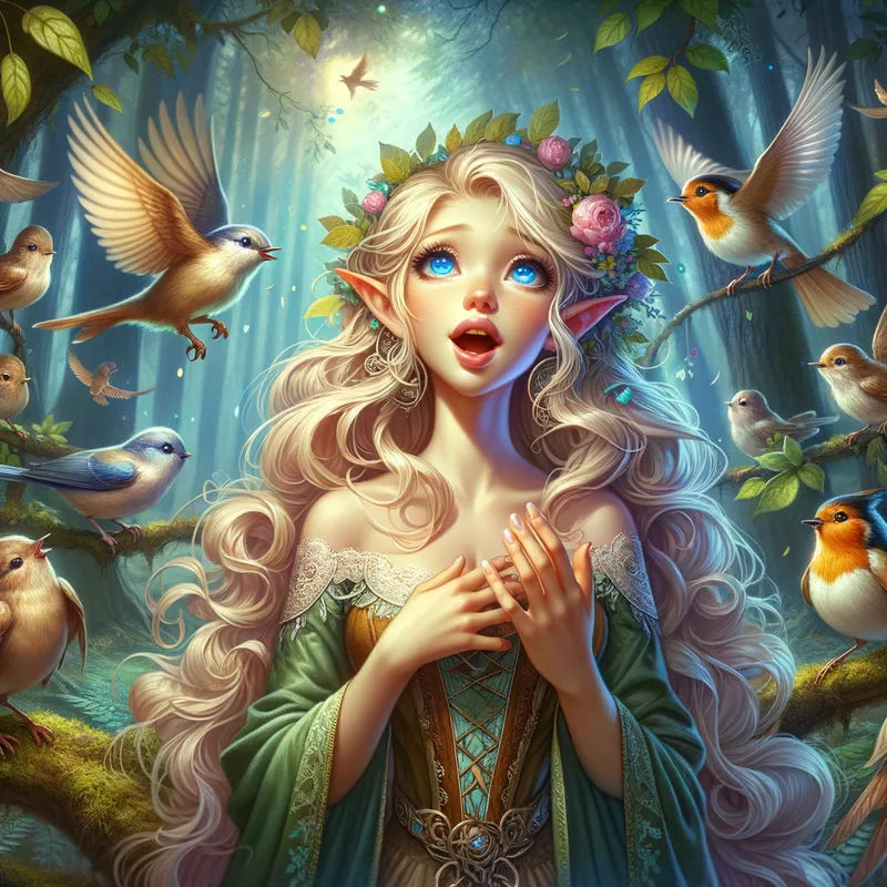 Shophie Foster's Woodland Song - Shophie Foster, the elven girl with blonde hair cascading down her back and bright blue eyes, singing in an enchanted woodland, surrounded by birds and mystical creatures that join her melody. - AI image generated with Art