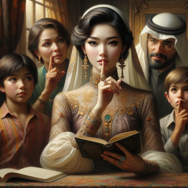 Shush! Moment - a beautiful woman holding a book in her hand while the other is showing a shush motion while her parents and other brother look on - AI image generated with Art - oil art