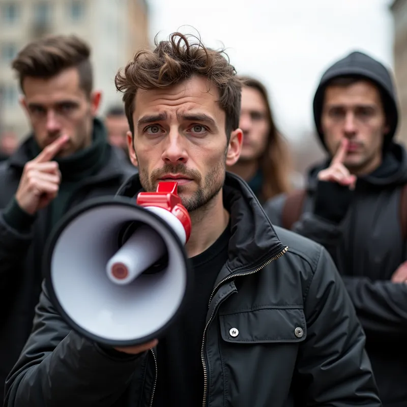Shush Moment - a man looks towards you at the camera holding a bullhorn with both hands. Meanwhile, a group behind him, also facing the camera stands holding their fingers to their lips to signal him to be quiet - AI image generated with Photorealistic 2 - over-the-shoulder