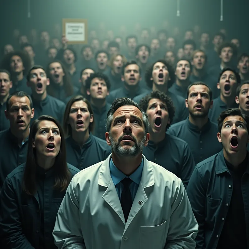 Silenced Scientist - A gloomy setting where one scientist in a lab coat is being drowned out by a sea of people with distorted faces, shouting and holding up confusing, misleading statements. The scientist's face shows both despair and determination. - AI image generated with Photorealistic 2 - photorealistic
