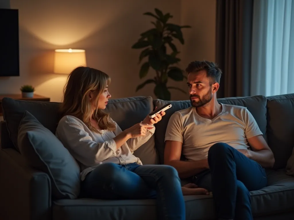 Silent Protest with the Remote - A contemporary living room shows a wife and husband on a couch, the television illuminating their faces. The wife, clearly annoyed, points the TV remote at her talkative husband instead of at the screen, her expression a mix of irritation and disbelief. - AI image generated with Flux