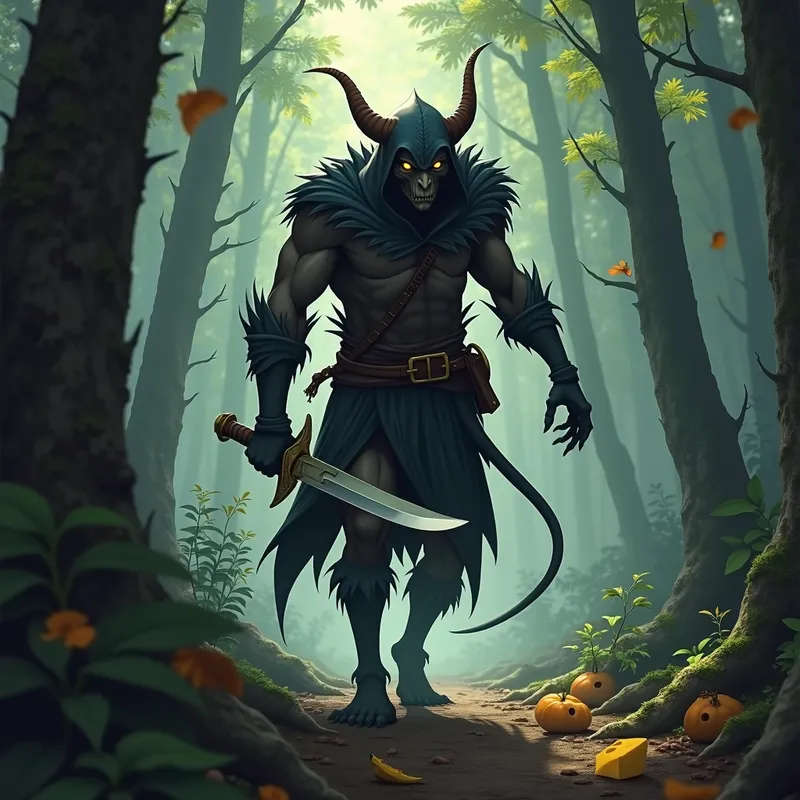 Silent Shadow - A stealthy rogue with a pronounced hunchback and spindly limbs merges with the shadows of a forest. Both hands are occupied: one with a gleaming dagger, the other with a morsel of cheese, his eyes fixed on an unseen target. - AI image generated with Photorealistic 2