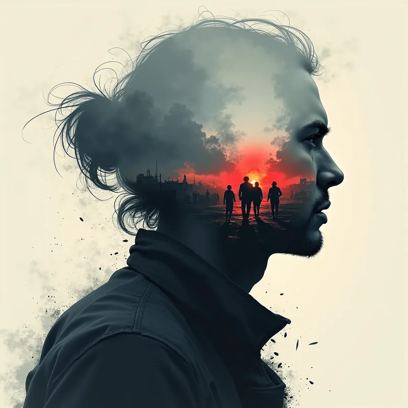 Silhouette Skirmish - The silhouette of a person filled with imagery of a battlefield, using a palette of muted blues and grays to indicate isolation and sharp bursts of red to denote the presence of anger. - AI image generated with Photorealistic 2 - sketching