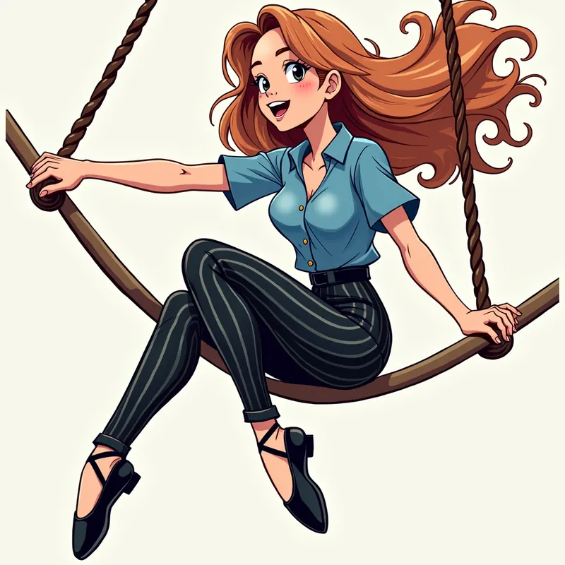 Silk Hair Ballerina - A captivating illustration in anime style depicting a ballerina with luxurious silk hair. She is dressed in a blue shirt and black striped leather jeans, sitting charmingly on a trapeze bar. Her black ballet pointe shoes complete her graceful and joyful demeanor. - AI image generated with Photorealistic 2 - alcohol ink, cartoony, colorful