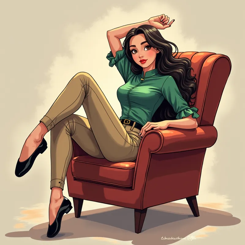 Silken Ballerina Shoot - Anime-inspired digital illustration of a ballerina with flowing silk hair. She wears a green Chinese blouse and beige leather jeans, with black ballet pointe shoes, elegantly posing upside down on a recliner for a photo session. - AI image generated with Photorealistic 2 - alcohol ink, cartoony, colorful