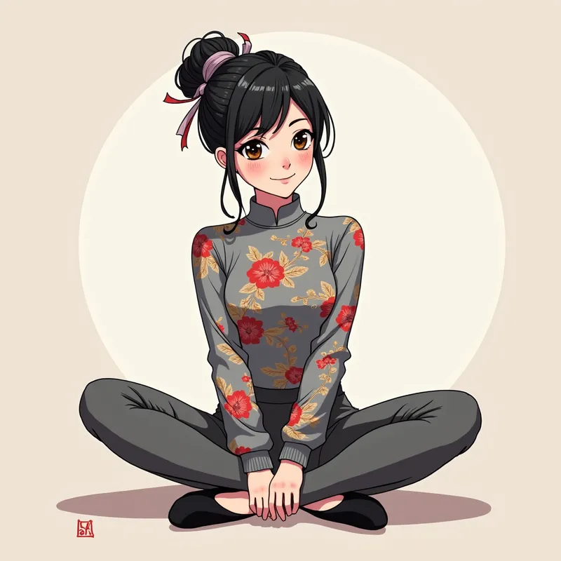 Silken Poise - A captivating digital art piece featuring an elegant ballerina with silk hair, wearing a grey Chinese decorated silk sweater and grey pants. Sitting cross-legged on the floor in black ballet pointe shoes, she smiles warmly in this anime-inspired illustration. - AI image generated with Photorealistic 2 - alcohol ink, cartoony, colorful
