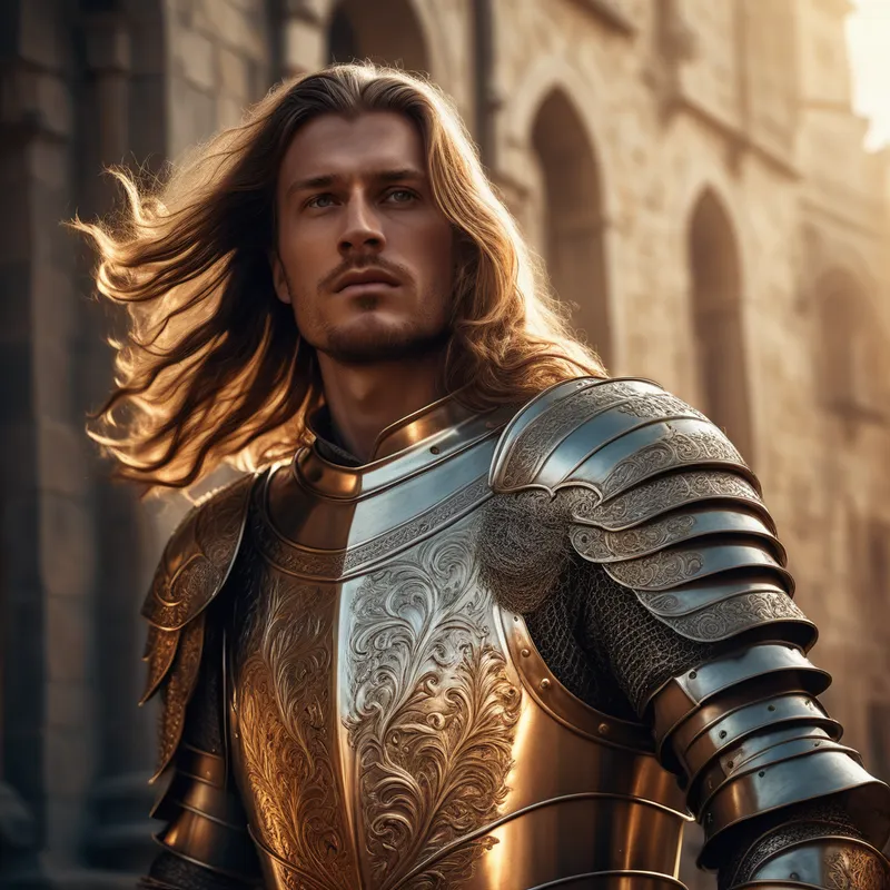 Silver-Haired Knight at Dawn - A handsome long-haired knight standing in golden dawn light, wearing polished medieval armor with intricate engravings, flowing hair moving in the breeze, noble expression, cinematic fantasy style, highly detailed, realistic textures, dramatic atmosphere - AI image generated with Photorealistic