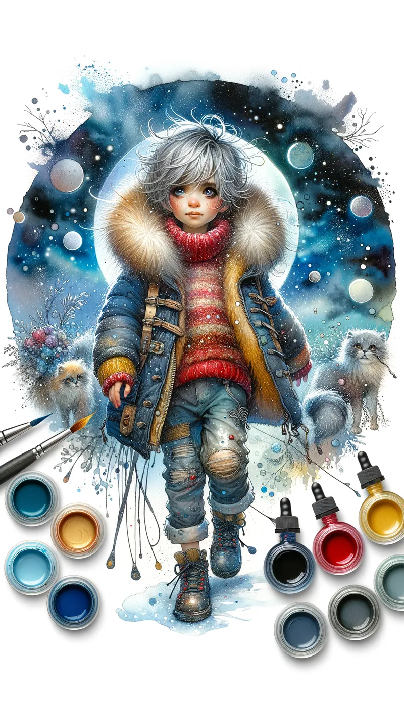 Silver-Haired Winter Dream - whimsical watercolor glossy oil and ink, airbrushed of a little girl with messy silver red hair, wearing a navy blue and golden yellow winter coat with white fur collar, glittery red sweater, faded jeans, black winter boots, a soft snow coming down, background a moonlit winter wonderland fantasy night, ultrafine detailed, pastel shades - AI image generated with Art - vivid colors, water splashes, watercolor