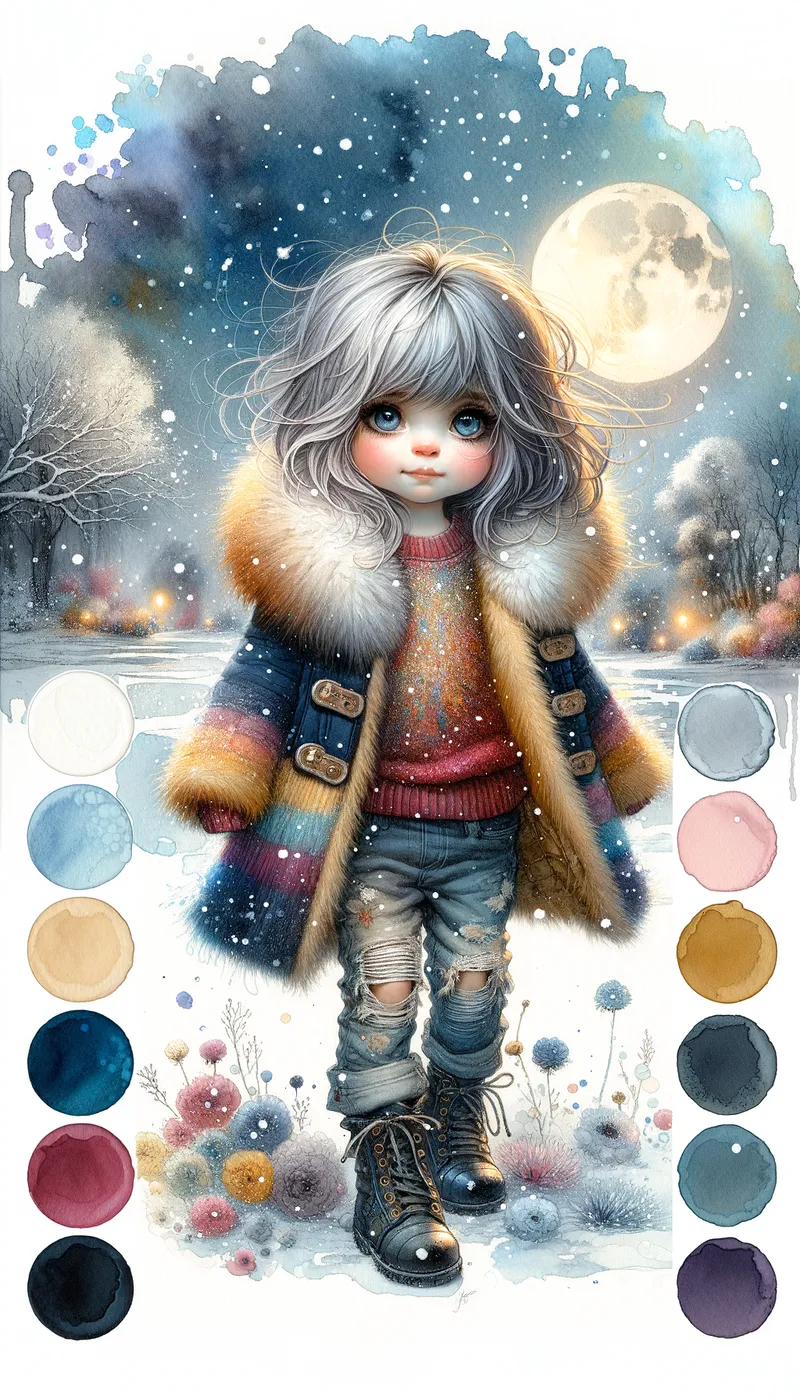 Silver-Haired Winter Dream - whimsical watercolor glossy oil and ink, airbrushed of a little girl with messy silver red hair, wearing a navy blue and golden yellow winter coat with white fur collar, glittery red sweater, faded jeans, black winter boots, a soft snow coming down, background a moonlit winter wonderland fantasy night, ultrafine detailed, pastel shades - AI image generated with Art - vivid colors, water splashes, watercolor