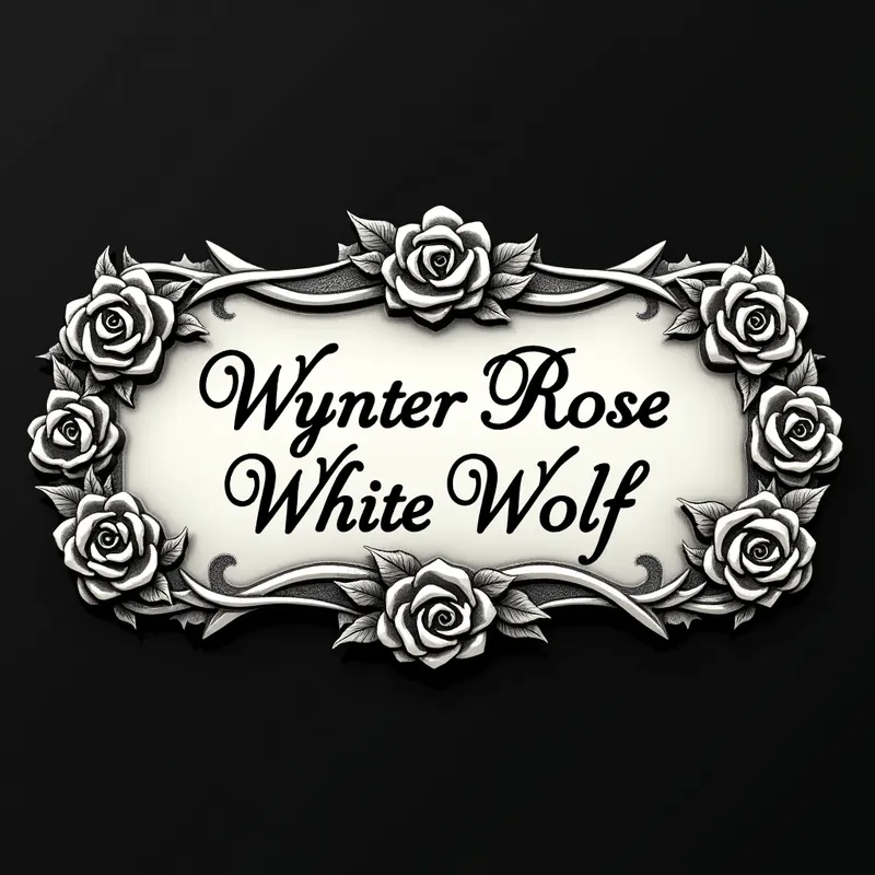 Silver Rose Nameplate - A sterling silver nameplate with the name 'Wynter Rose White Wolf' artistically written in calligraphy, surrounded by meticulously engraved roses. - AI image generated with Photorealistic 2