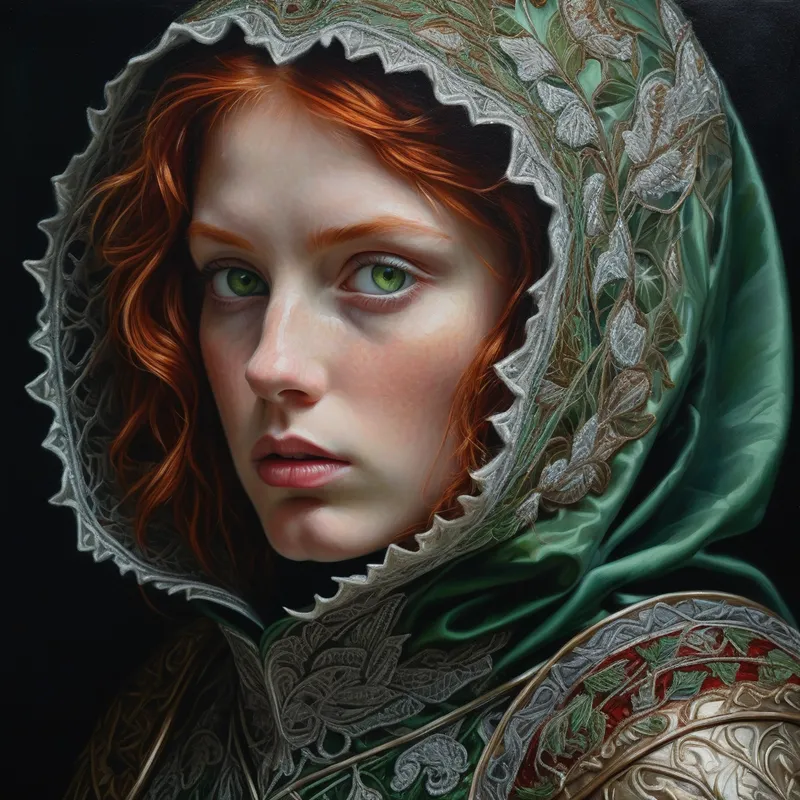 Silver Veil of the North - A dramatic chiaroscuro oil painting of a beautiful red-haired woman with short, tousled hair and striking icy green eyes, wearing delicate green and silver ornate armor beneath an embroidered hood. The portrait emphasizes intricate patterns, metallic filigree, layered scales, and lace-like embellishments. Mystical ambiance, ultra-detailed realism, fantasy elegance, and moody dreamlike focus. - AI image generated with Photorealistic - profile view, chalk, alcohol ink