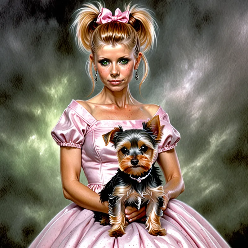 Silver Yorkie with Mama & Nana - little silver female yorkie in pink over-all dress with her humans mama who has strawberry blonde hair, freckles, and green eyes and nana who has silveer hair in a bun on the back of her head with brown eyes - AI image generated with Fictional - photorealistic, dynamic pose, Luis Royo