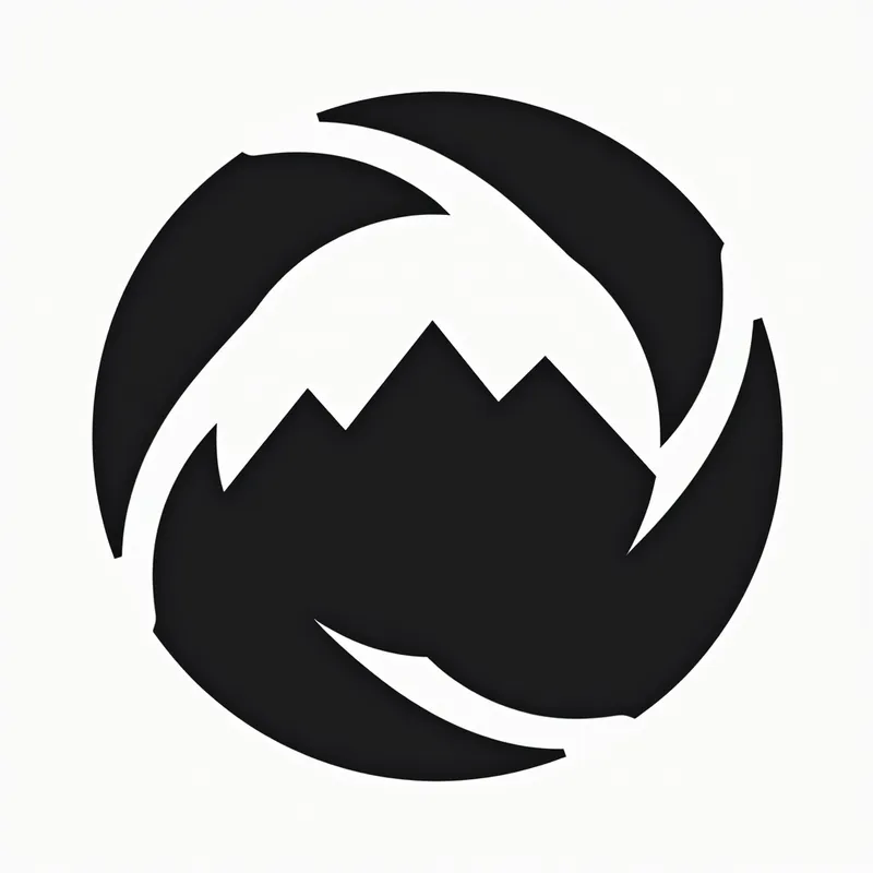Simplicity in Focus - Minimalist black and white icon design of camera lens aperture blades framing a central mountain landscape, emphasizing simplicity and contrast. - AI image generated with Photorealistic 2