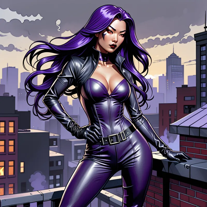 Sin City Nightshade Heroine - Inspired by modern comic book covers, depict a striking Chinese superheroine with sumptuous, very long, slightly wavy purple hair rippling in a rooftop breeze. She stands casually, dressed in a sleek black leather jumpsuit with a radiant white flame design on her chest, cinched by a slate-gray corset. Black fingerless gloves and knee-high leather boots with sensible 2-inch heels complete her look. Her eyes, hidden behind a black domino mask, glow with white arcane power, accentuating her high cheekbones and framed by thick lashes. The background shows steel-and-glass skyscrapers reflecting noonday light, while the lighting features dramatic chiaroscuro effects, with rich shadows and luminous highlights emphasizing the gritty, high-contrast realism of the scene. - AI image generated with Fictional