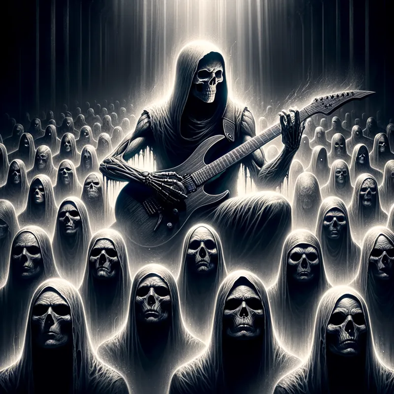 Sinister Solo Performance - A dramatic image of a skullface musician performing a guitar solo under a pale spotlight, with an audience of ghostly figures. - AI image generated with Art