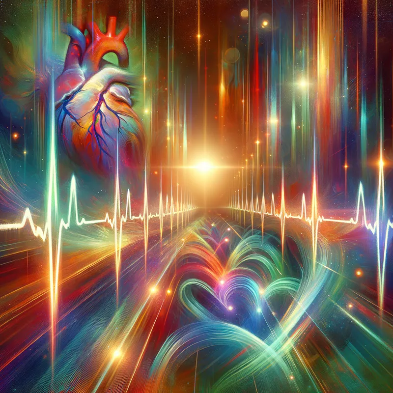 Sinus Bradycardia - An EKG rhythm strip displaying sinus bradycardia. The rhythm is regular with a normal P wave preceding each QRS complex and a heart rate less than 60 beats per minute. - AI image generated with Art - vivid colors, night lighting, abstract