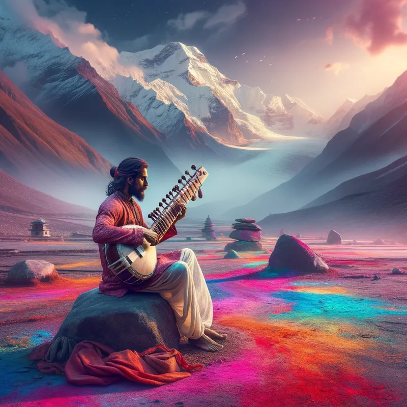 Sitar Serenade, Kedarnath - a man playing sitar on ethereal kedarnath mountains, alone and in healing colours all around, landscape with lot to see in background
 - AI image generated with Art