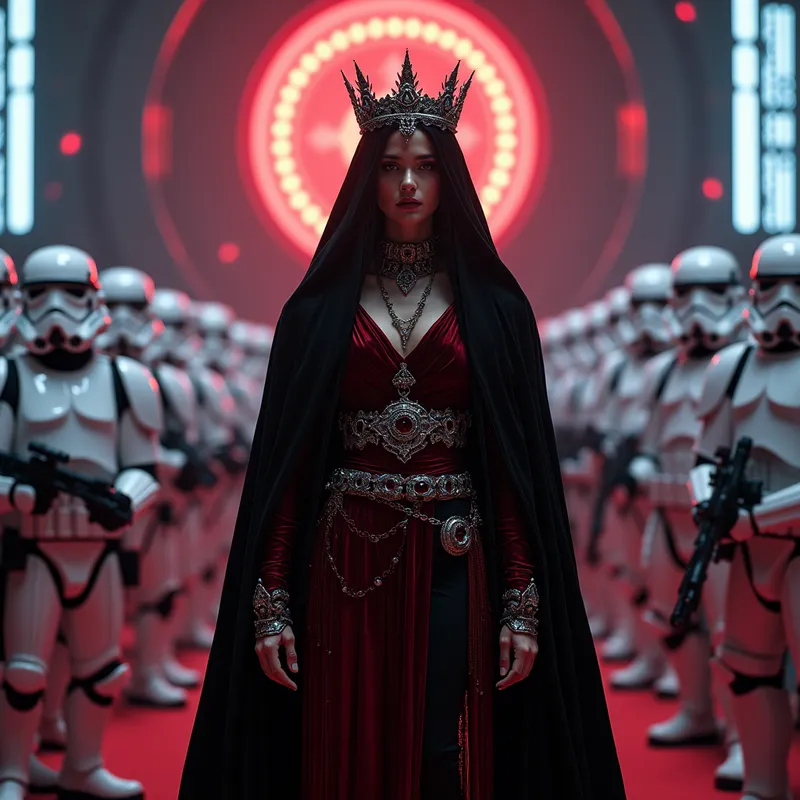 Sith Empress - A regal Sith femme, cloaked in velvety black and scarlet, adorned with ornate jewelry and a crown, commanding stormtroopers at the head of a futuristic throne room illuminated by holographic displays. - AI image generated with Photorealistic 2