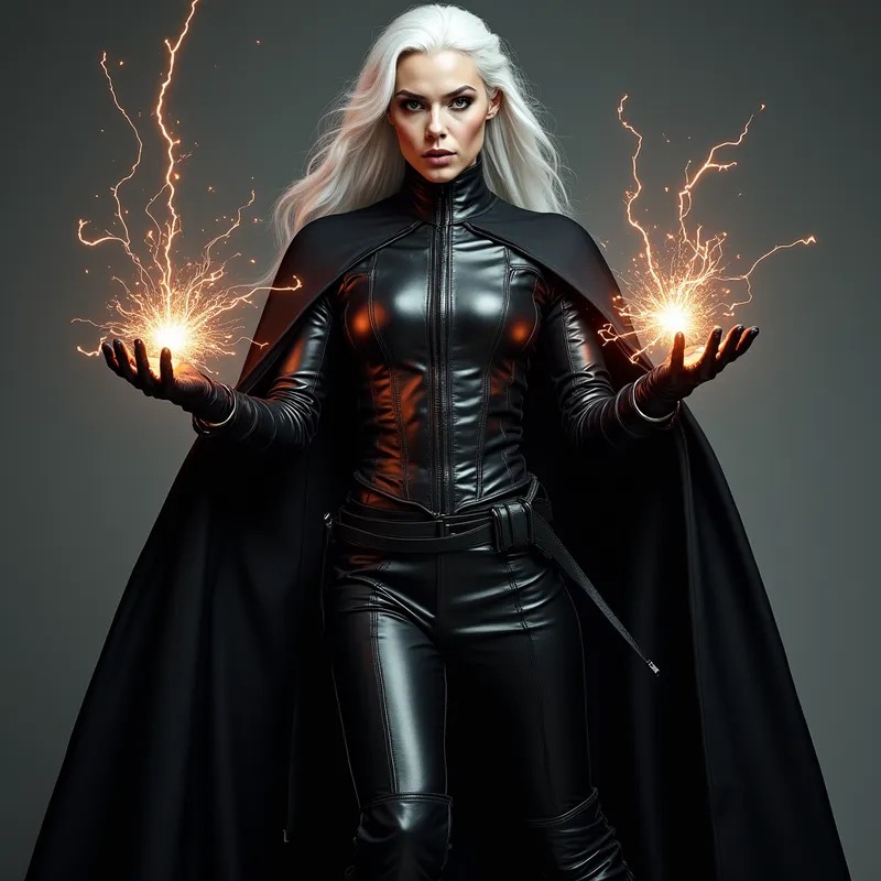 Sith Enforcer Summoning Power - An imposing white-skinned female Sith stands front and center. She wears polished black leather gloves and tall riding boots, her rigid attire exuding dark authority. Violent, crackling sparks of energy flicker between her fierce, outstretched palms. Her expression is intense and threatening as she stares down the observer. - AI image generated with Photorealistic 2