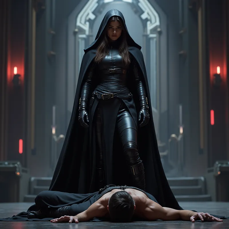 Sith Femme Dominance - A powerful female Sith dressed in a large, rigid black leather robe and wide black leather gloves stands imposing over a man on the ground, pressing him down with her long, sturdy black riding boots in a futuristic, dark Star Wars-inspired throne room. - AI image generated with Photorealistic 2