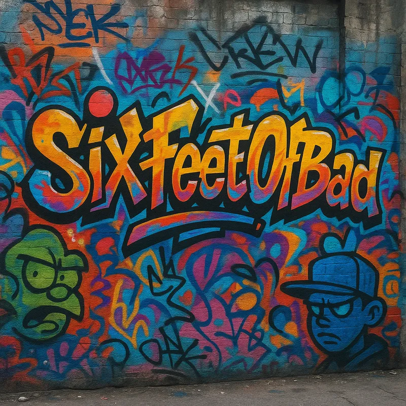 SixFeetOfBad Urban Art Explosion - A vibrant graffiti wall with bold, colorful spray paint. The name "SixFeetOfBad" is prominently featured in an edgy, dynamic font, surrounded by urban art elements like street tags, abstract shapes, and stylized characters. The background shows a gritty urban environment to enhance the street art vibe. - AI image generated with GPT Image