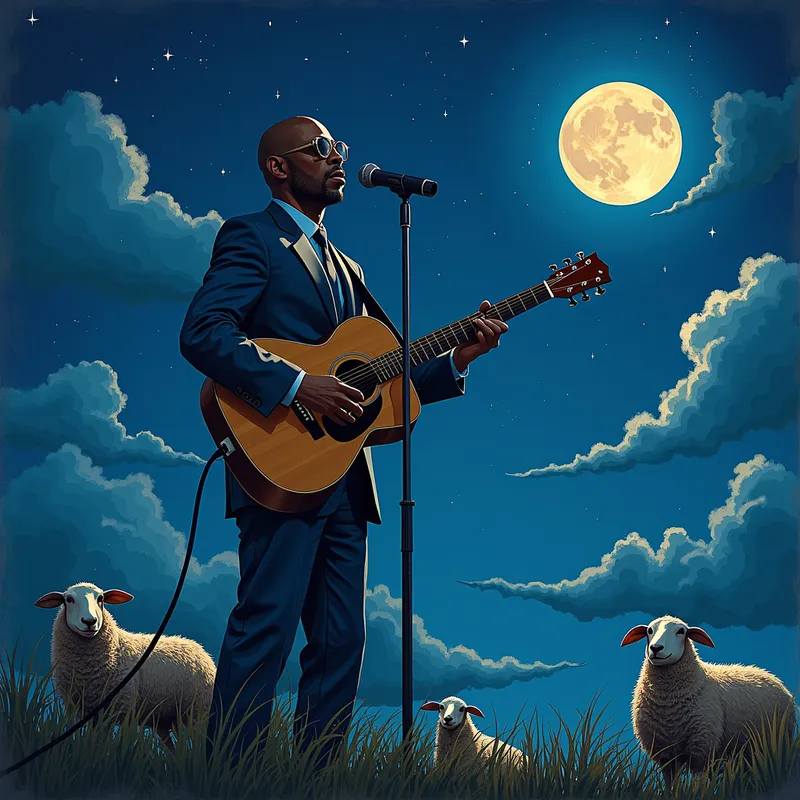 Sixties Blues Nocturne - Blues singer drawn in a sixties underground style, dark blue sky with sheep clouds - AI image generated with Photorealistic 2 - night lighting