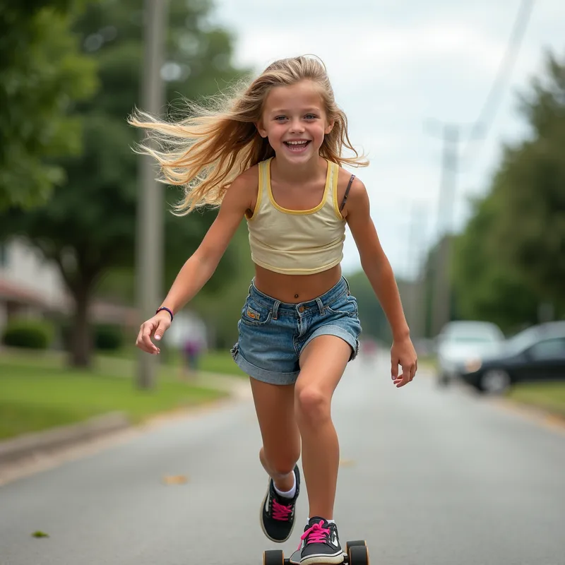 Skateboard Fun - An energetic 11-year-old skateboarding down a suburban street, dirty blonde hair flowing, in a trendy crop top and jean shorts. - AI image generated with Photorealistic 2