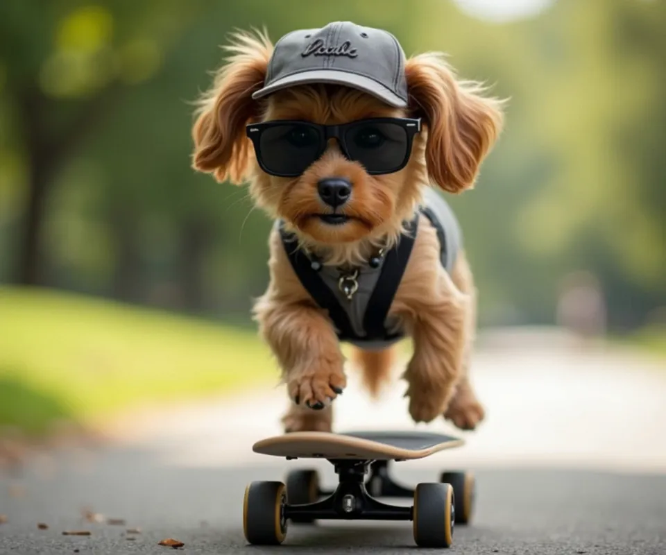 Skating Pro Dog - A fun and lively video featuring a talented dog effortlessly skating on a skateboard in a bustling park. The scene includes various tricks performed by the dog, interaction with onlookers, and playful moments. The park setting is vibrant with happy people, green trees, and clear blue skies, perfectly capturing the joy and excitement of the dog's skating adventure. - AI video generated with Lite