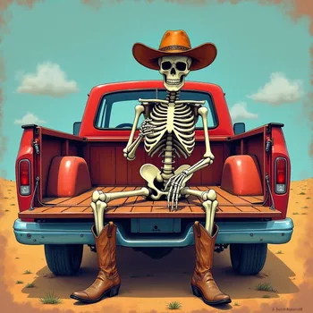 Skeletal Cowboy Relaxing in Truck