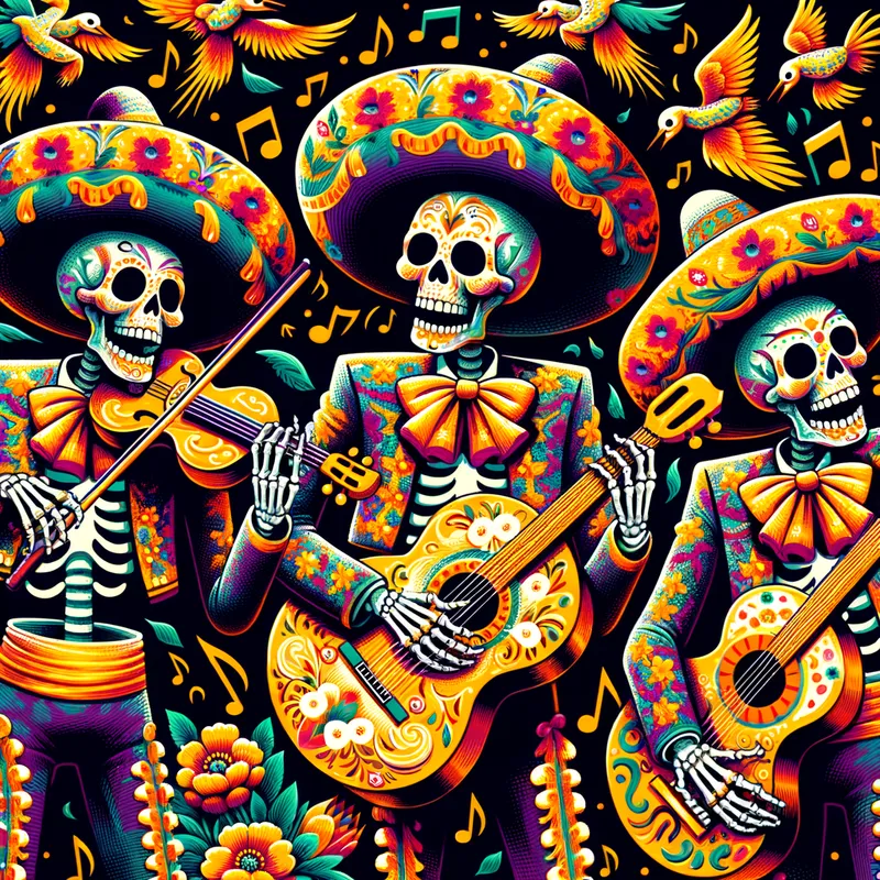 Skeletal Mariachi Band - A lively and dynamic illustration of a skeleton mariachi band playing festive music, with ornate clothing and instruments adorned with bright floral patterns. - AI image generated with Art
