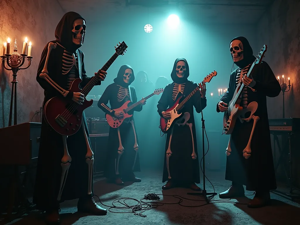 Skeletal Symphony - A macabre band of skeletons playing deathcore music in a dimly lit underground venue, with flashes of lightning illuminating their dark, eerie surroundings. - AI image generated with Photorealistic 2 - surrealismus, dark tones, photorealistic