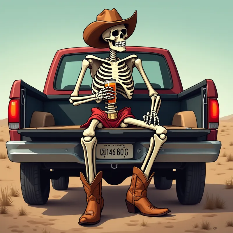 Skeleton Cowboy Chillin' in Pickup - Skeleton sitting in back of pickup truck. wearing cowboy boots and cowboy hat having a drink. - AI image generated with Text