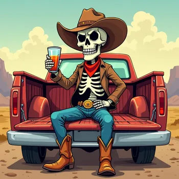 Skeleton Cowboy Chillin' in Truck