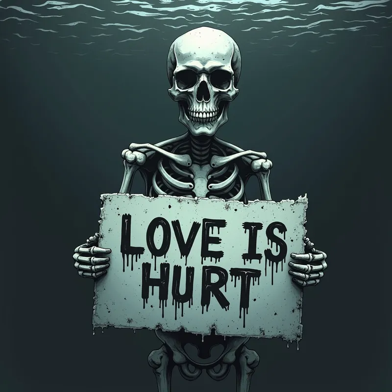 Skeleton in the Abyss - A haunting underwater scene with a skeleton submerged in dark, deep waters. The skeleton is holding a worn, faded sign that reads 'Love is Hurt' in eerie, dripping letters. - AI image generated with Photorealistic 2 - minimalist line art